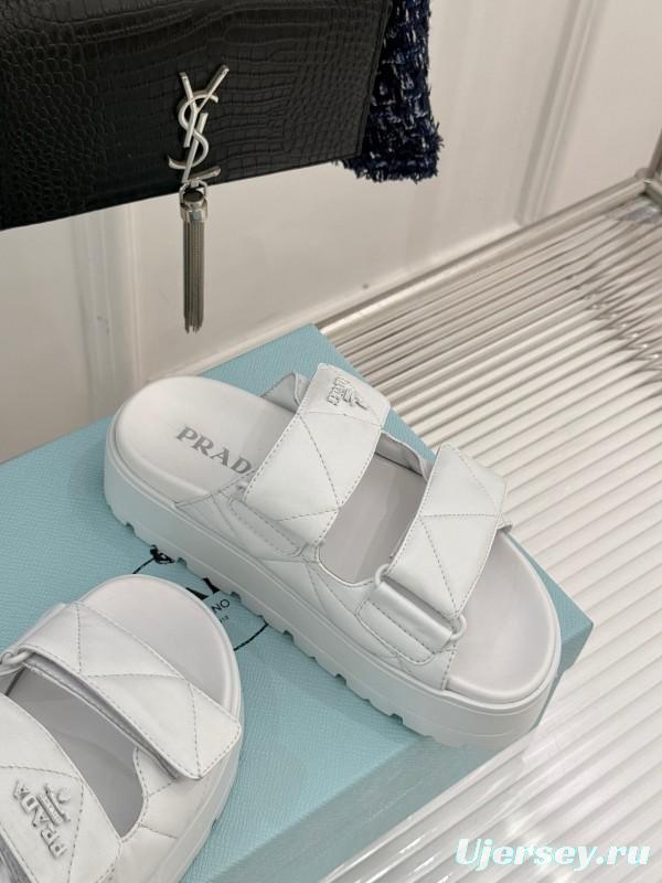 2025 Slippers Prada White Leather Quilted Velcro Strap KFY00250