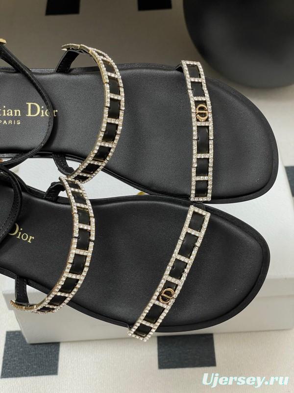 2025 Women Dior Black Crystal Embellished Leather Flat Sandals