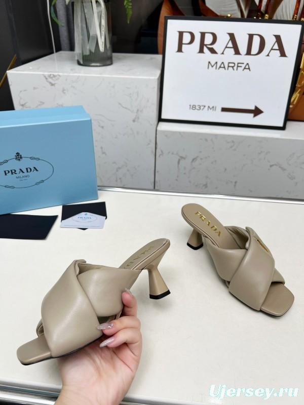 2025 Women Prada Beige Leather High Heel Sandals