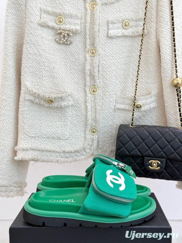 2025 Slippers Chanel Green Canvas Women Slippers KFY00220