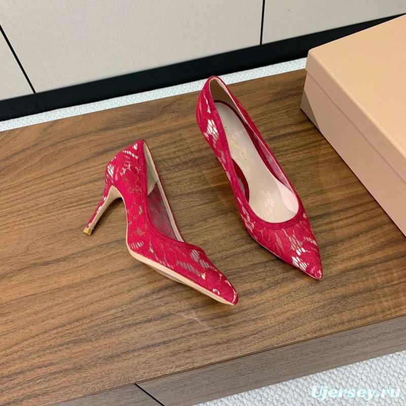 2025 Women Gianvito Rossi Red Lace Leather Pumps KFY00280