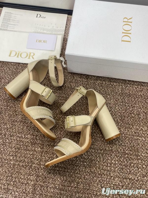 2025 Women Dior Beige Calf Leather Sheepskin Pearl Embroidered High Heel Sandals KFY00320