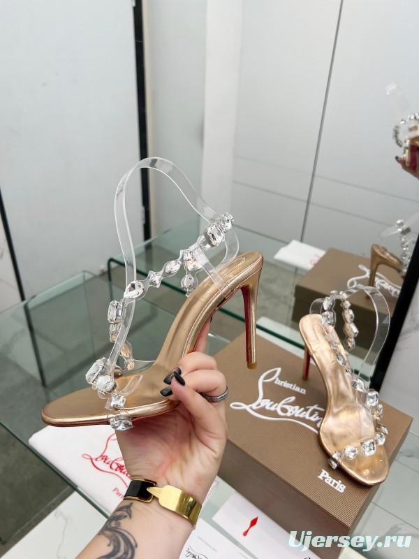 2025 Women Christian Louboutin Gold PVC Crystal High Heel Sandals LY00300