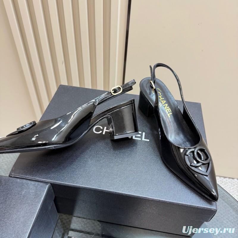 2025 Women Chanel Black Patent Leather Slingback Pumps