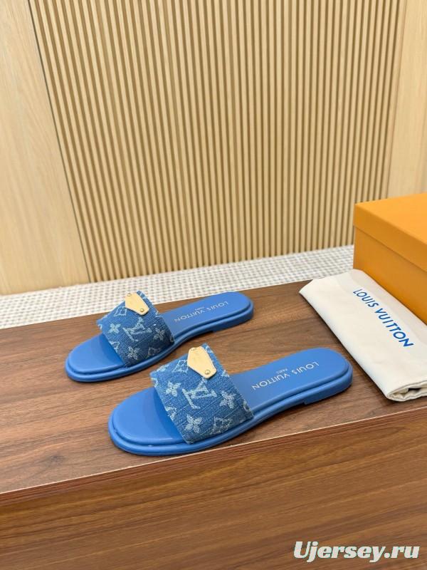 2025 Women Louis Vuitton Blue Denim Leather Slippers LY00200