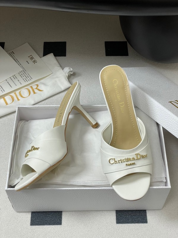 2025 Women Dior White Leather Mule Gold Hardware Slide