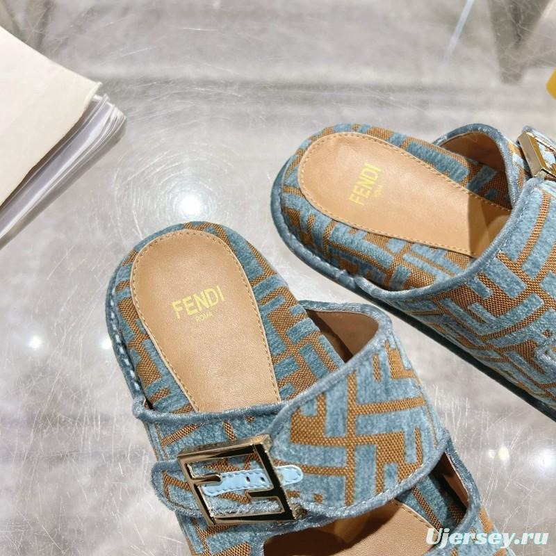2025 Fendi Blue Beige Jacquard Fabric Slippers Buckle MJ00230