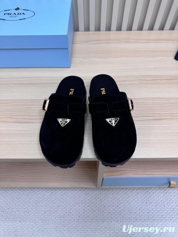 2025 Slippers Prada Black Suede Slippers LY00280