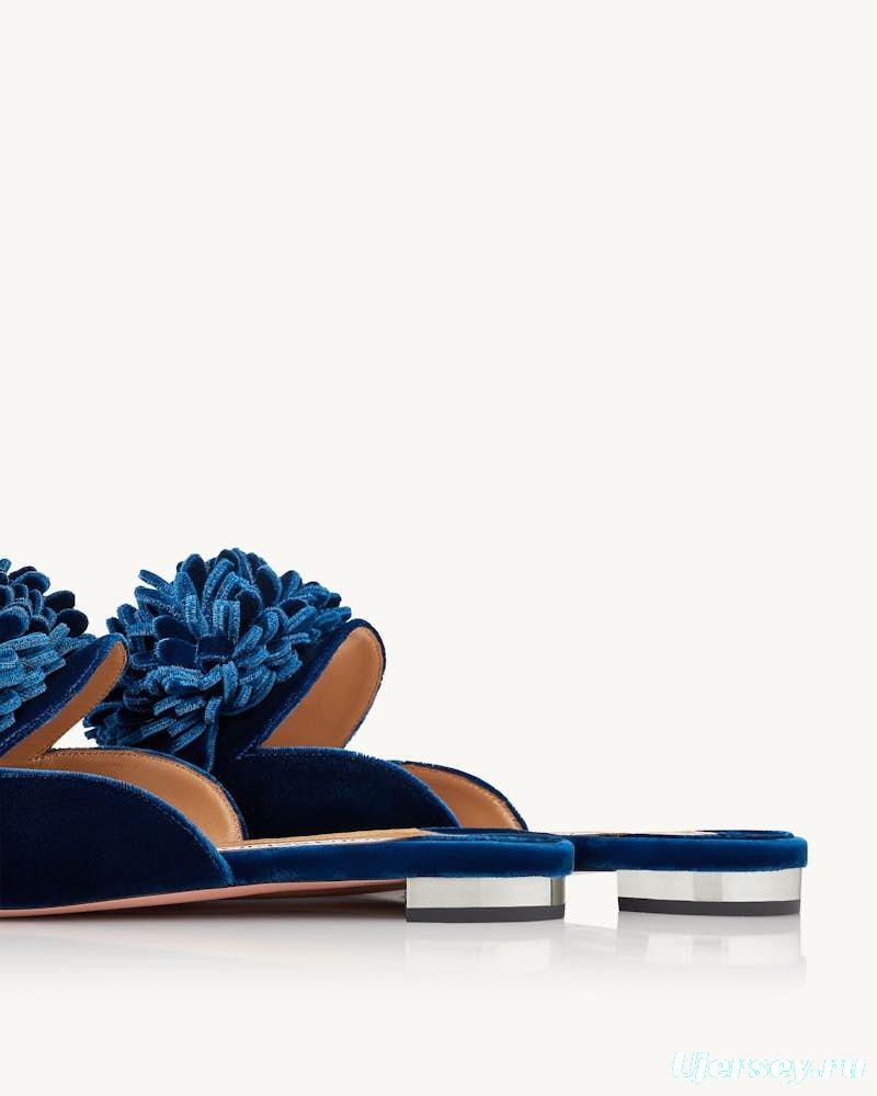 2025 Women Aquazzura Blue Velvet Slippers