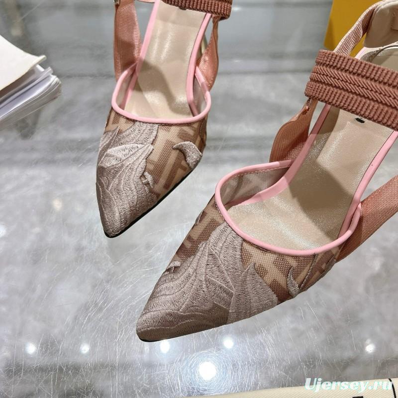 2025 Women Fendi Pink Beige Fabric Leather High Heels
