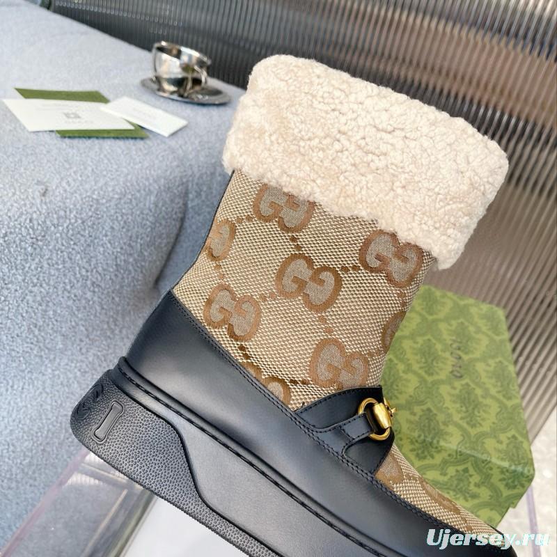 2024 Women Gucci Beige Brown Leather Shearling Snow Boots MJ00420