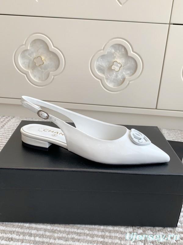 2025 Women Chanel White Leather Slingback Pointed Toe Heart Double C KFY00300