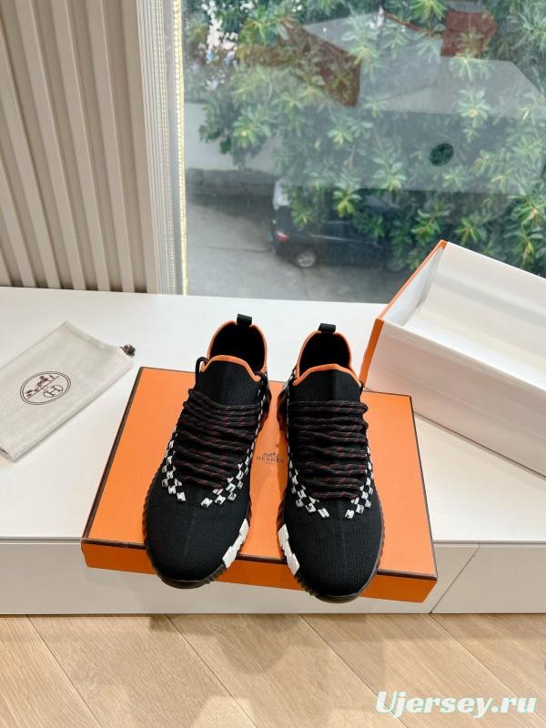 2024 Unisex Hermès Black Orange Calf Suede Knit Sneakers MJ00290(W/M)