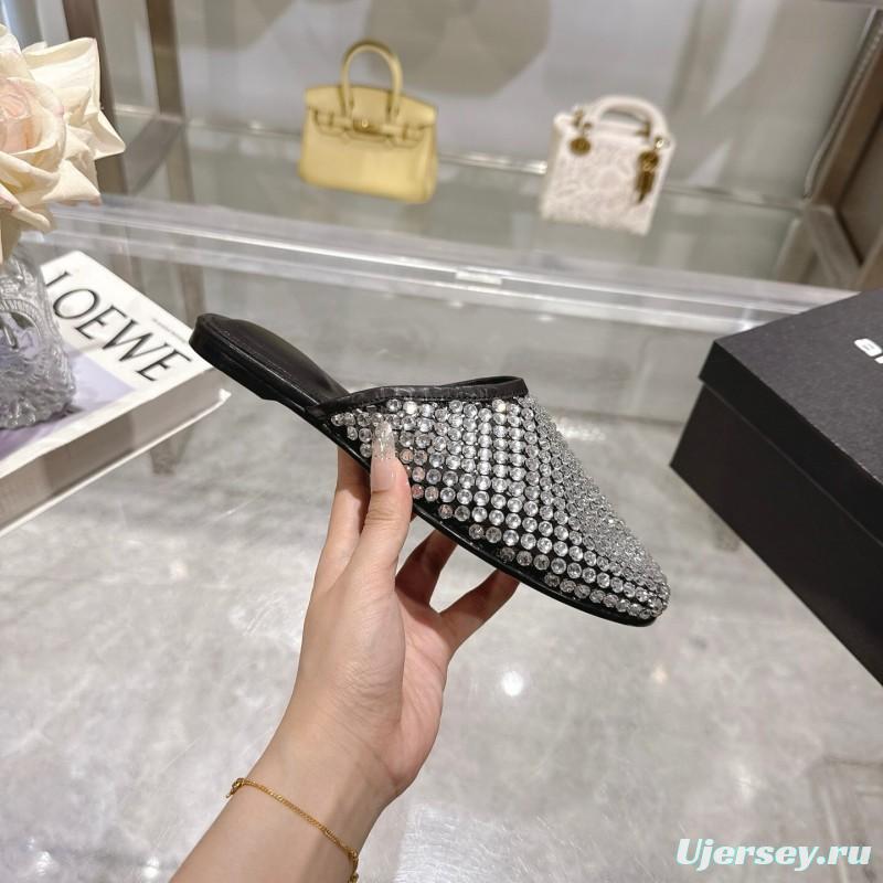 2025 Slippers Alexander Wang Black Crystal Mesh Leather Slippers LY00310