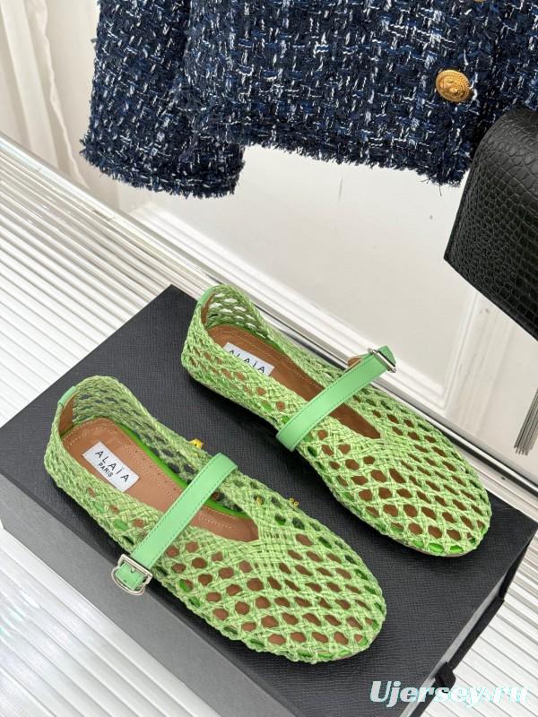 2025 Women AlAIA Green Leather Mesh Mary Jane