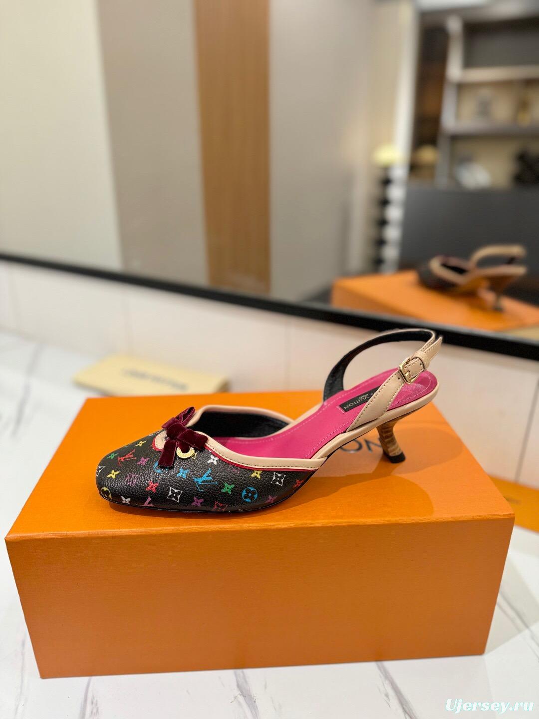 2025 Women Louis Vuitton Multicolor Black Leather Slingback Kitten Heel KFY00310