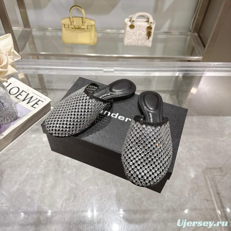 2025 Slippers Alexander Wang Black Crystal Mesh Leather Slippers LY00310