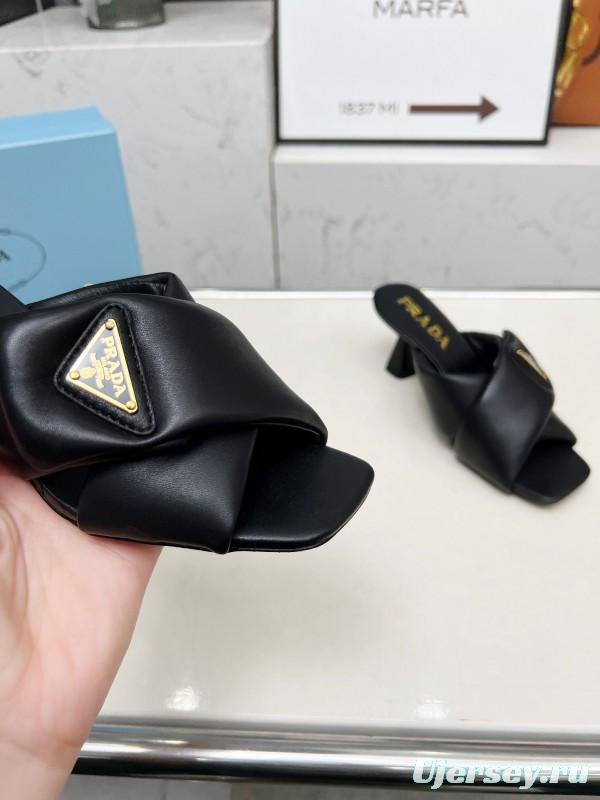 2025 Women Prada Black Soft Leather High Heel Mules KFY00270