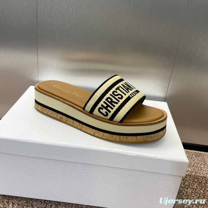 2025 Slippers Dior Beige Black Textile Platform Embroidery