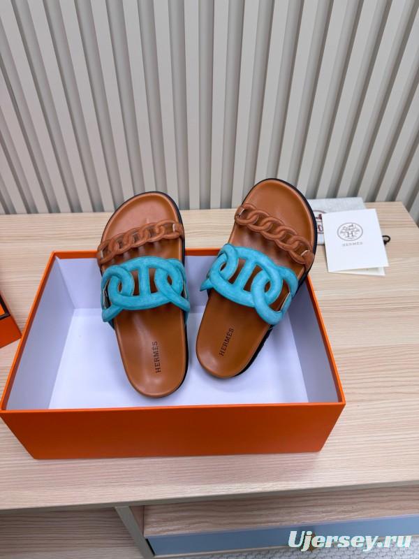 2025 Slippers Hermès Blue Brown Leather Slippers
