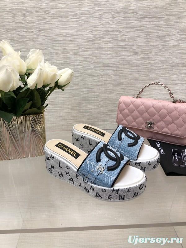 2025 Women Chanel Blue Denim Canvas Slippers LY00320