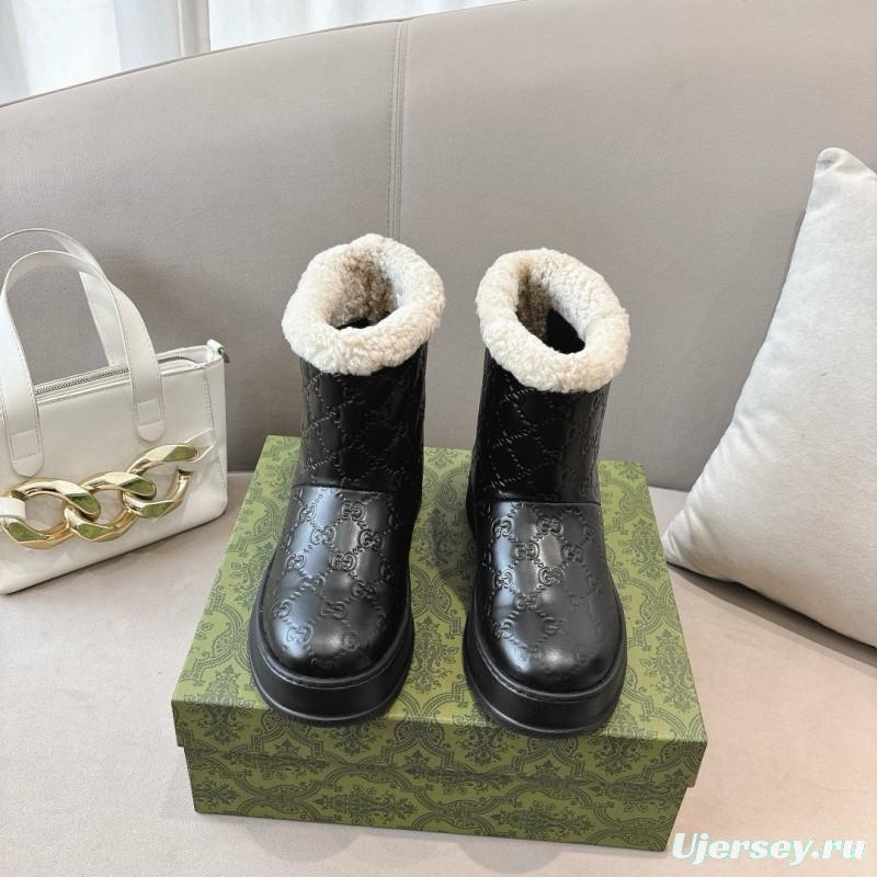 2024 Women Gucci black leather shearling snow boots MJ00350
