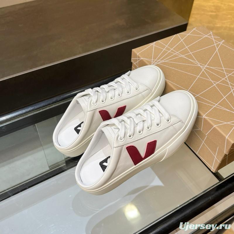 2025 Women VEJA White Burgundy Canvas Leather Slip-On Sneakers
