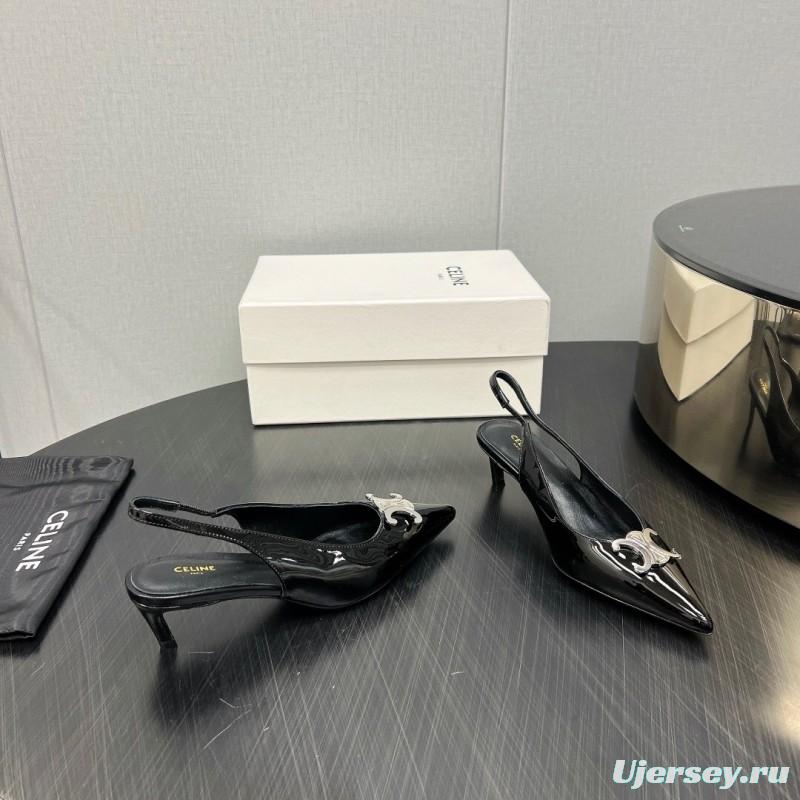 2025 Women Celine Black Patent Leather Slingback Heels KFY00290