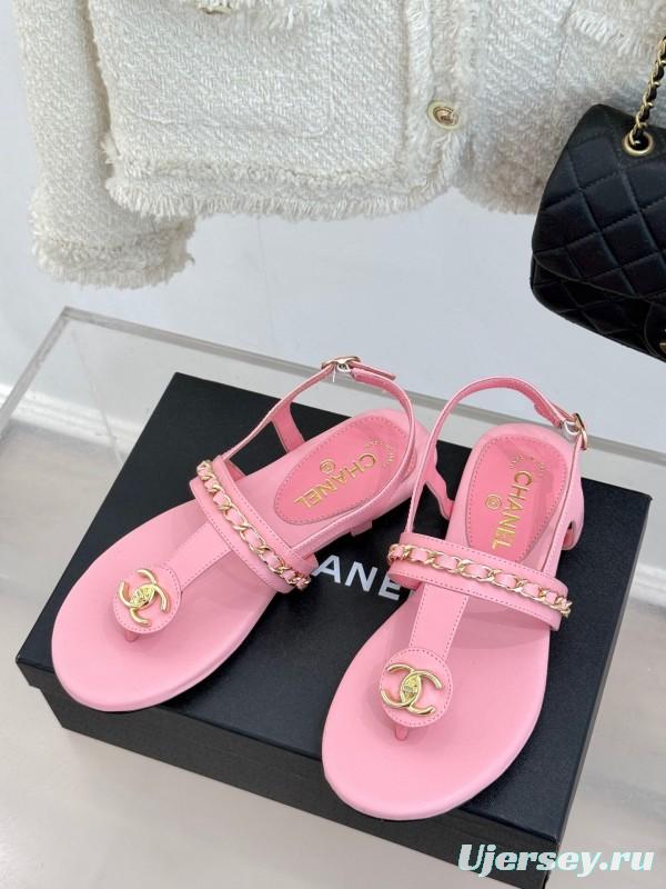 2025 Women Chanel Pink Lambskin Sandals CC Logo KFY00250