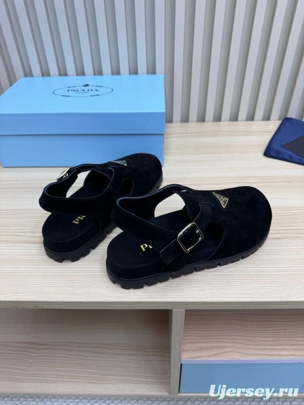 2025 Women Prada Black Suede Sandals LY00280