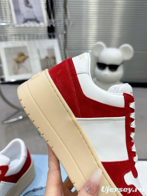2025 Women Prada Red White Leather Sneakers KFY00310