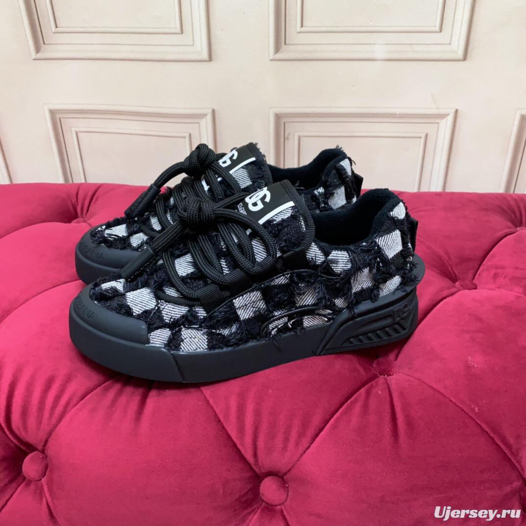 2025 Unisex Dolce & Gabbana Black White Fur Canvas Sneakers