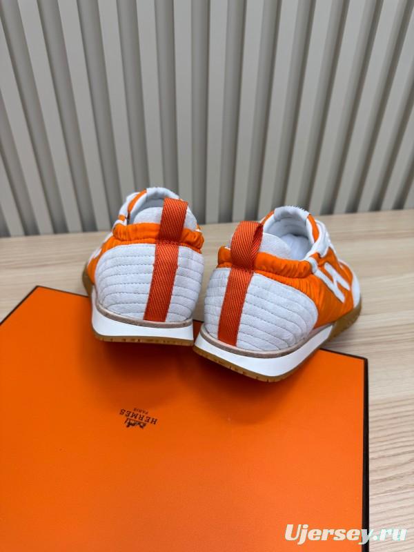 2025 Unisex Hermès Orange White Suede Nylon Sneakers Top Version LY00310