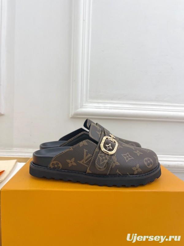 2025 Women Louis Vuitton Brown Leather Slippers Monogram KFY00300