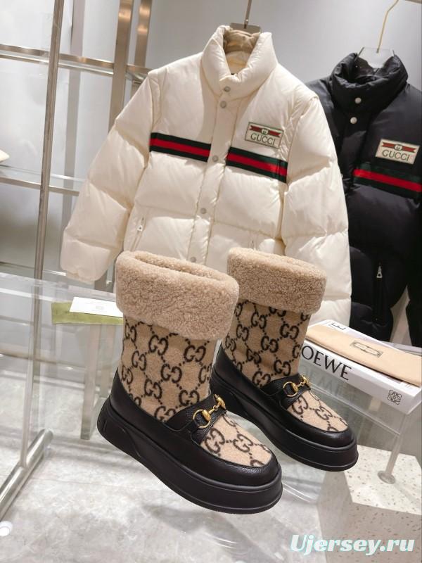 2024 Women Gucci beige black leather shearling snow boots MJ00420
