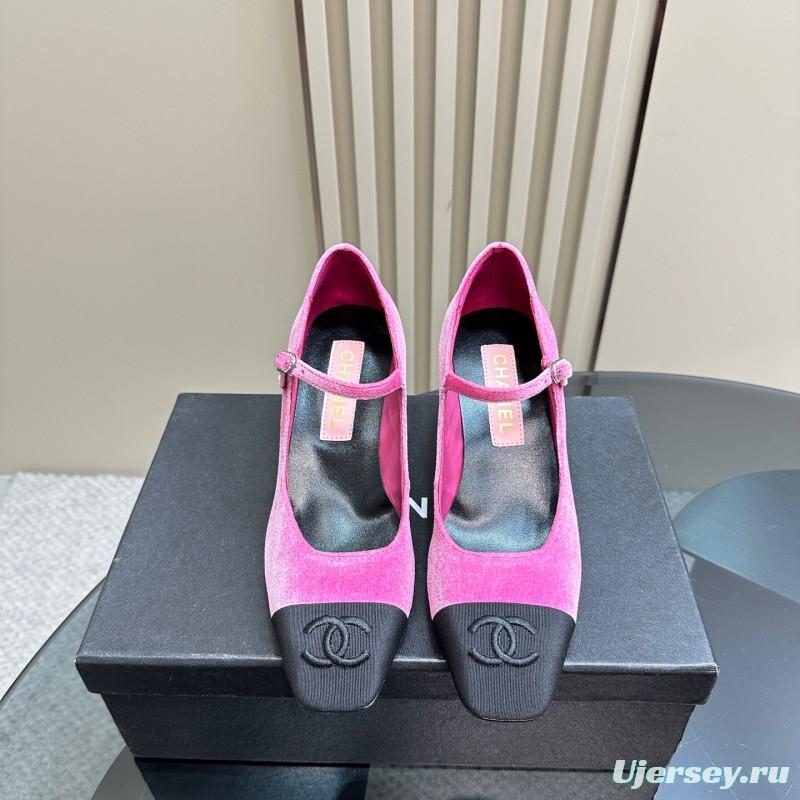 2025 Women Chanel Pink Black Velvet Mary Jane Shoes