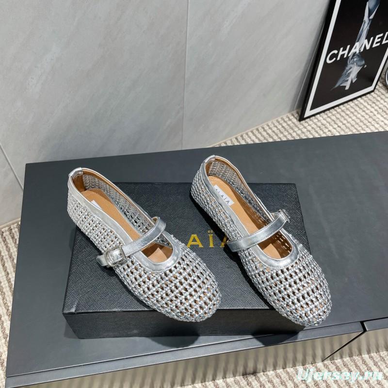 2025 Women Alaïa Silver Leather Woven Mary Jane Flats LY00360(F)