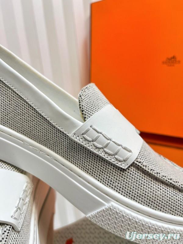 2025 Women Hermès White Mesh Leather Casual Loafers LY00310