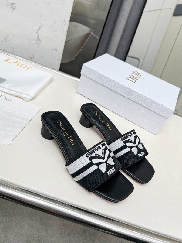 2025 Women Dior Black White Fabric Leather Mid-heel LY00200