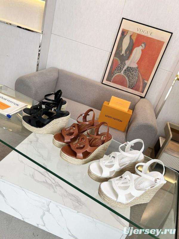 2025 Women Louis Vuitton Brown Leather Espadrilles Sandals MJ00280