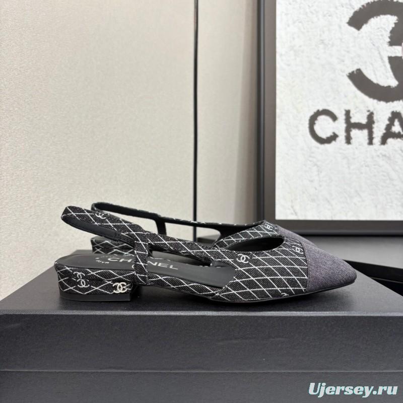 2025 Women Chanel Black White Fabric Leather Slingback LY00240