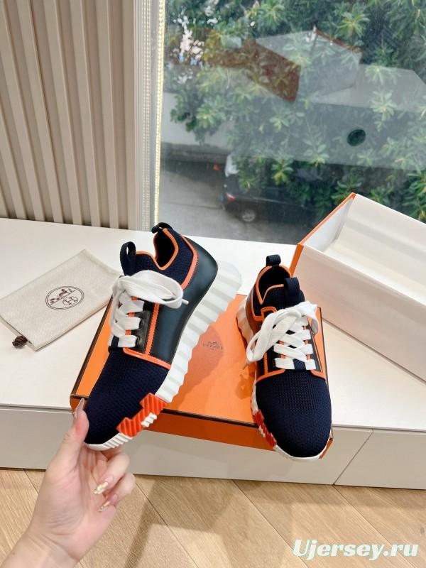 2024 Unisex Hermès navy orange knit leather sneakers