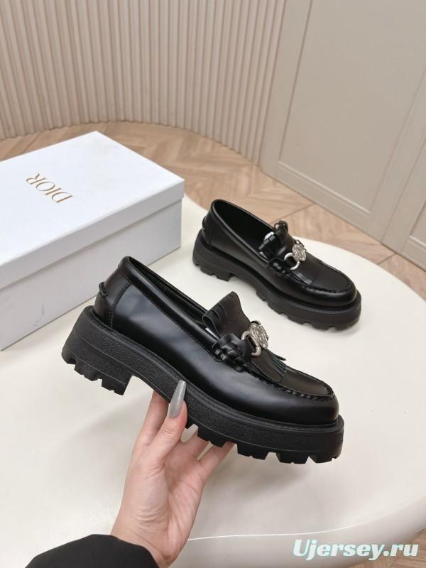 2025 Women Dior Black Leather Loafers KFY00350