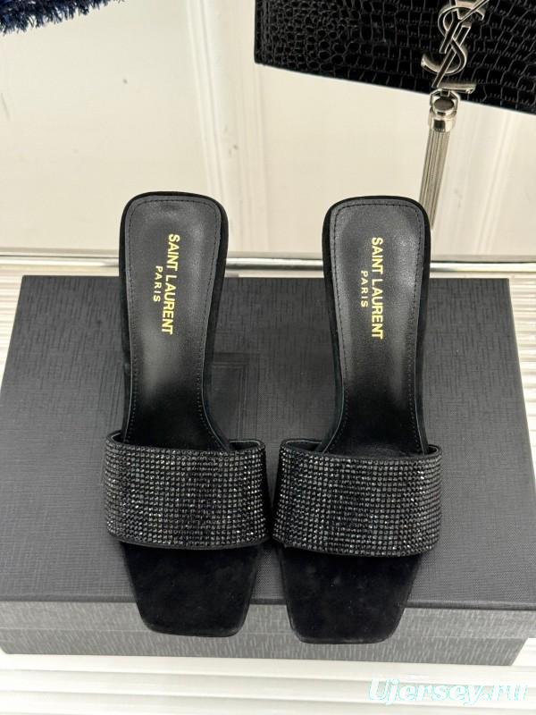 2025 Women Yves Saint Laurent Black Rhinestone Leather High Heel Slippers LY00300