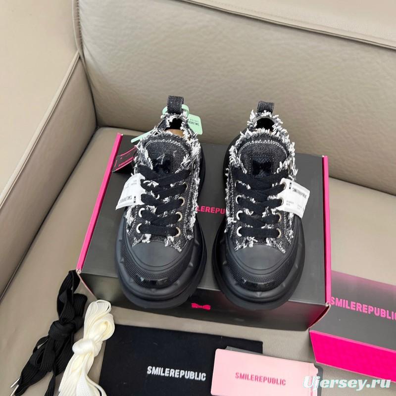 2025 Women SmileRepublic Black Tweed Leather Canvas Chunky Sneakers LY00291