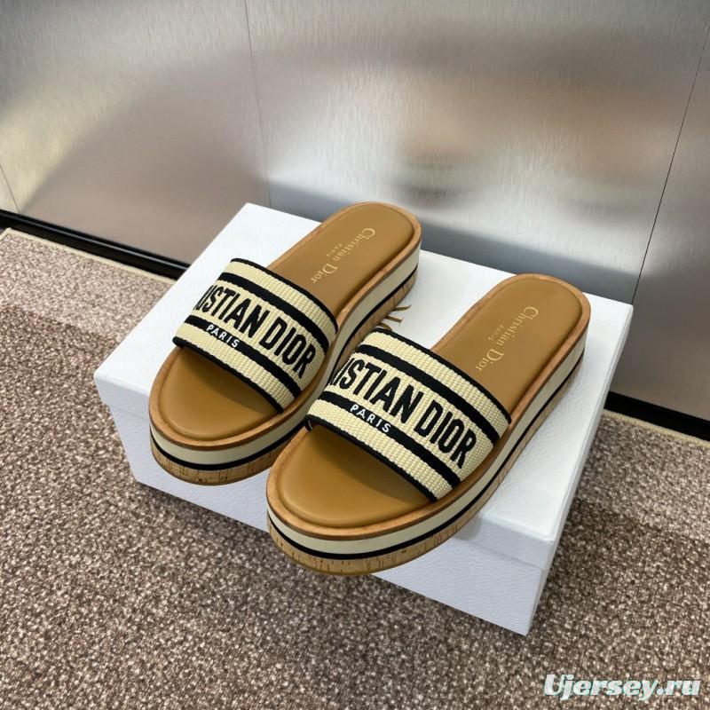 2025 Slippers Dior Beige Black Textile Platform Embroidery