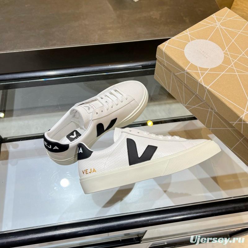 2025 Unisex VEJA White Black Leather Canvas Sneakers V Logo MJ00240(W/M)