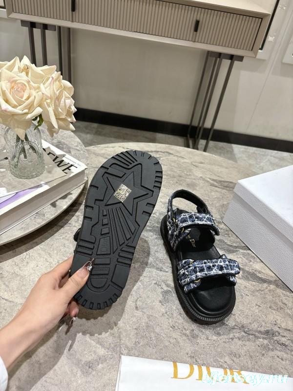 2025 Women Dior Black Blue White Fabric Leather Sandals KFY00300