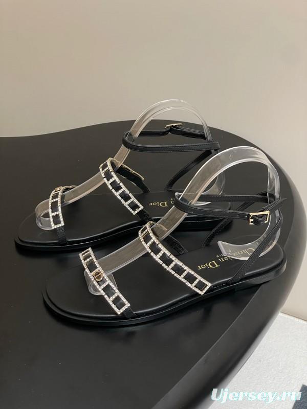2025 Women Dior Black Crystal Embellished Leather Flat Sandals