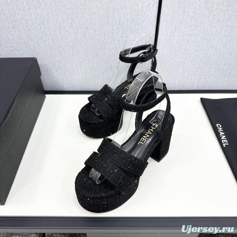 2025 Women Chanel Black Fabric Platform Sandals KFY00310
